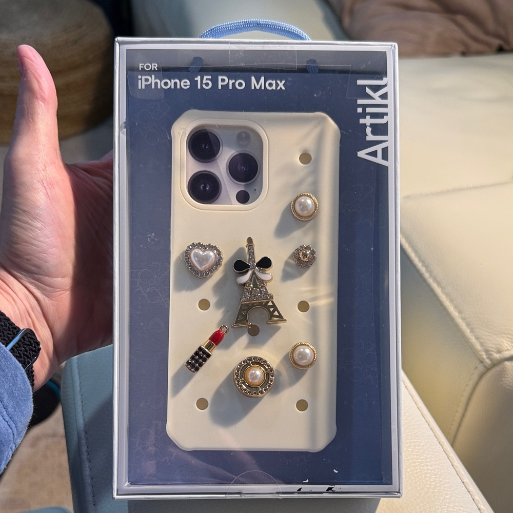 Artikl Cream Decorative iPhone 15 Pro Max Case with crocs type charms